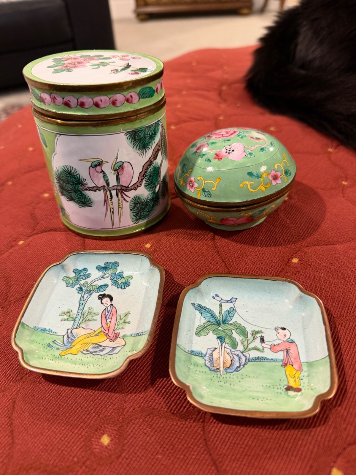vintage Chinese enameled brass boxes ,trays lot. Birds and people