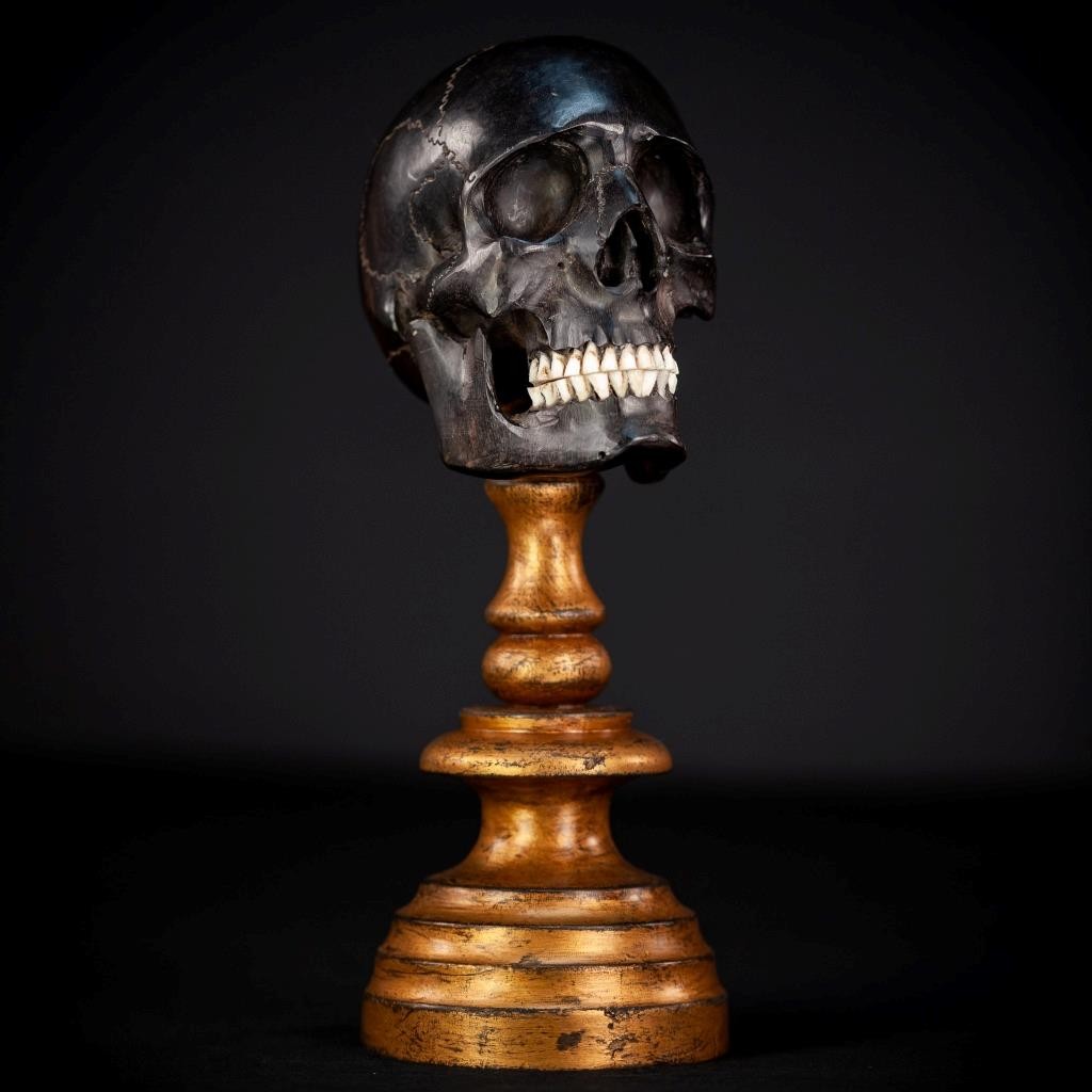Memento Mori | French Antique 1800s Wooden Skull | 19th Ebony Wood Death |10.2