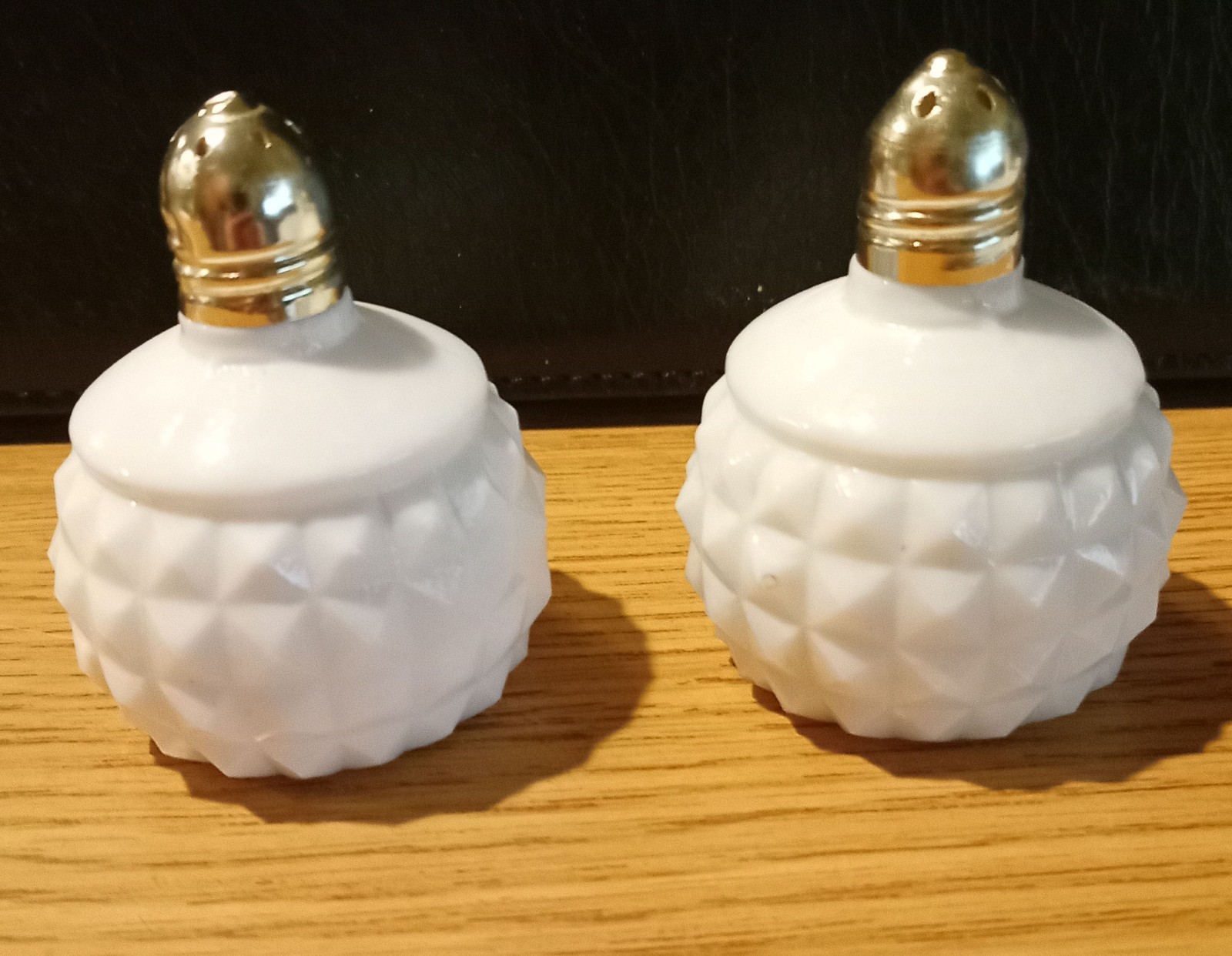 Vtg White Milk Glass Diamond Cut Salt Pepper Shakers Gold Tone Lids Japan Mint