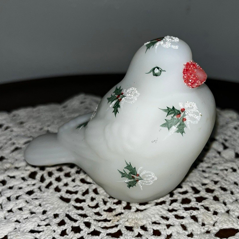 Fenton Hand Painted Holly Signed White Glass Bird Figurine 4in Christmas