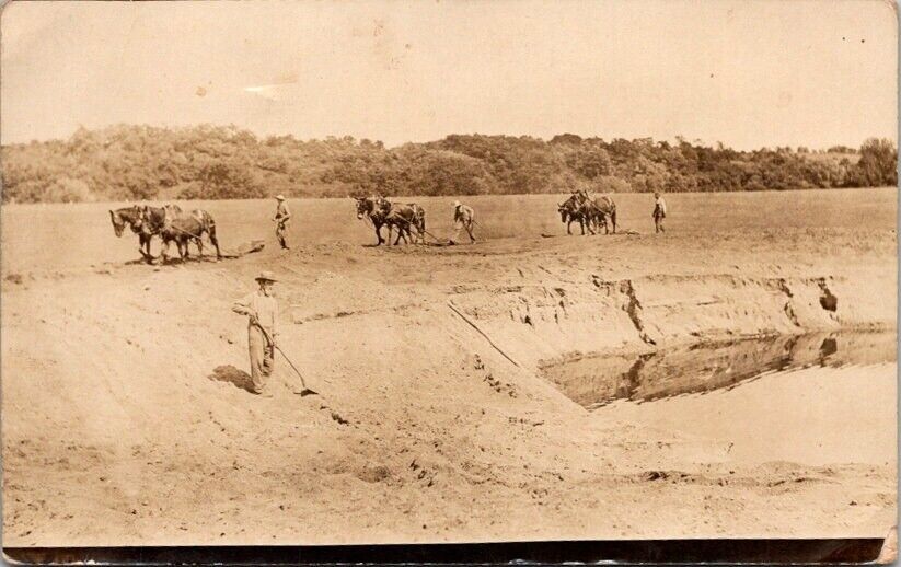 RPPC Postcard Horse Teams Work in Background Man with Shovel c.1907-1920   12355