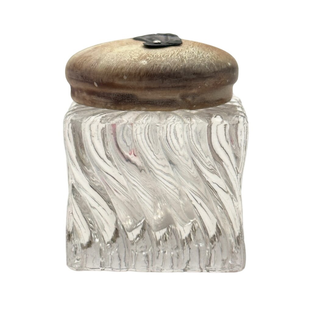 Vintage Crystal Glass Swirl Inkwell Square Body Figural Lid Chipped Underside