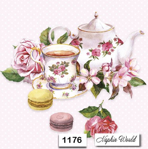 (1176) TWO Individual Paper Luncheon Decoupage Napkins - TEAPOT ROSES MACAROONS