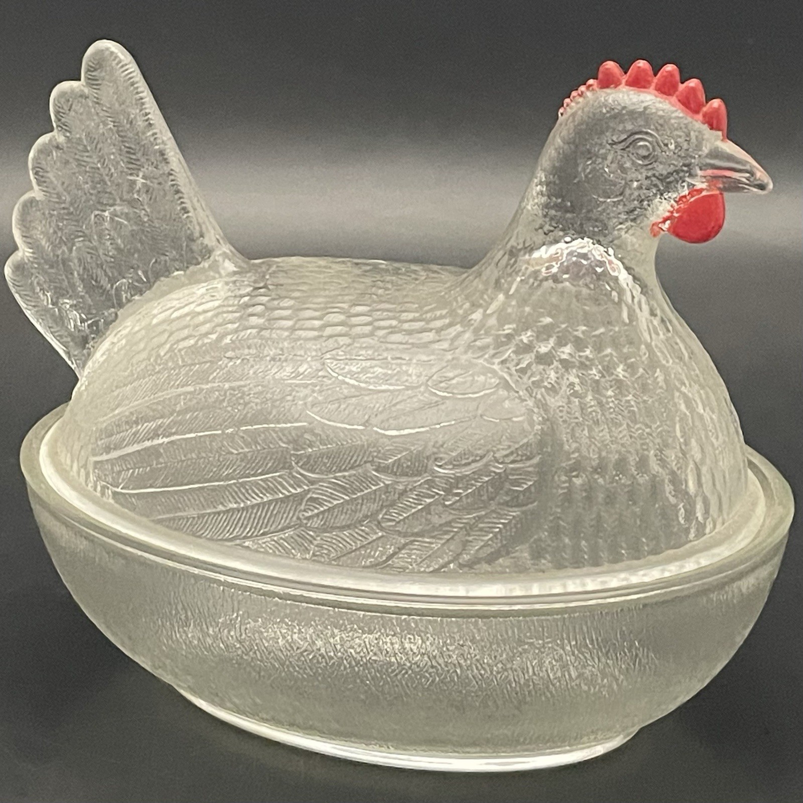 Indiana Clear Glass Hen on Nest w/Red Comb & Wattle Candy Dish c1940s USA 5.25