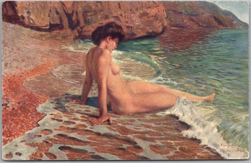 c1910s Artist-Signed F. Wygrzywalski Postcard Topless Woman on Beach in Surf