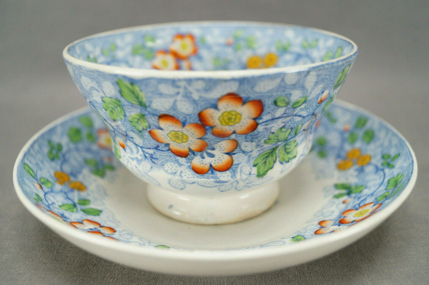 Ridgway 629 Hand Colored Floral Blue Transferware Tea Bowl & Saucer C. 1838-45 D