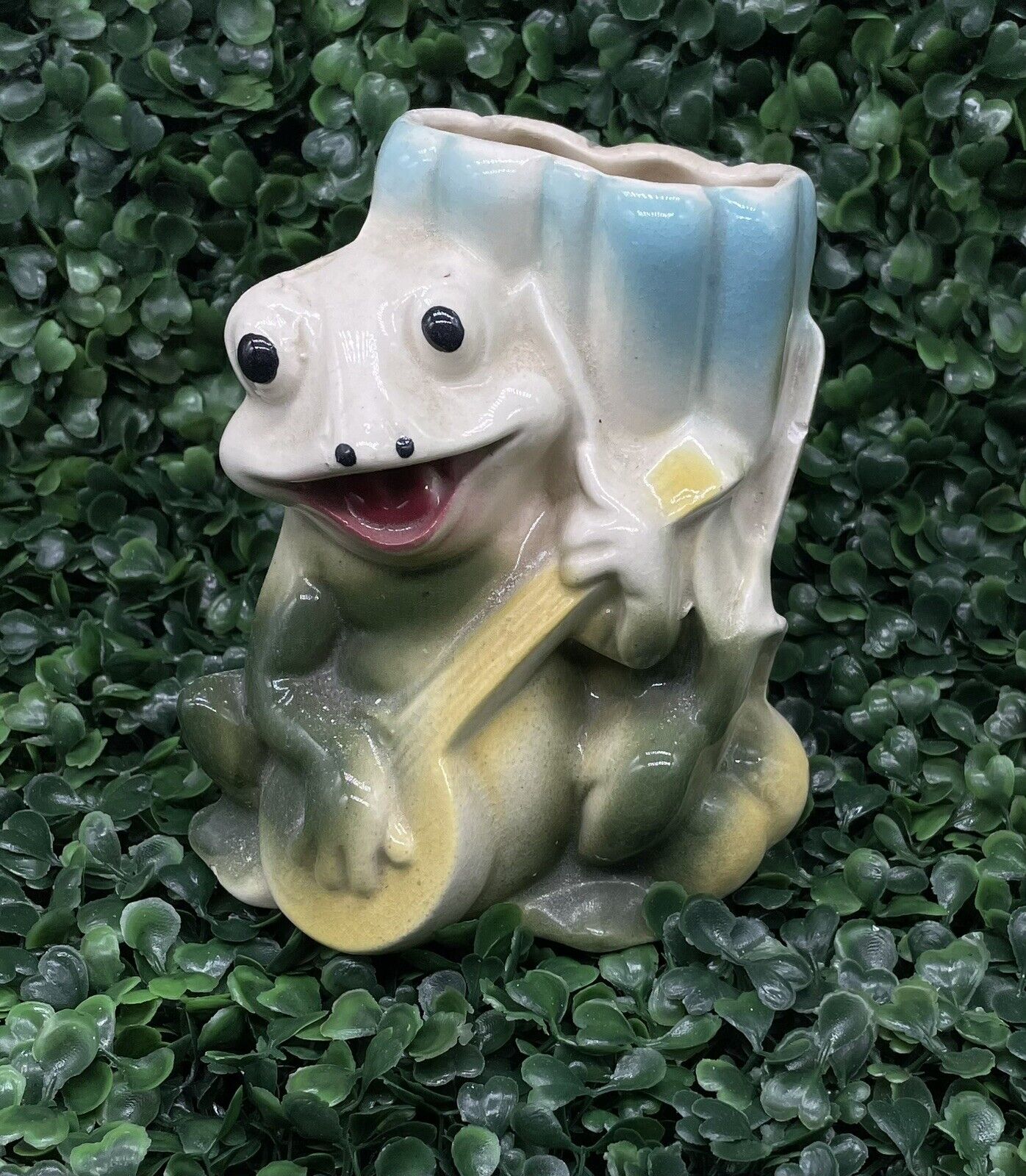 Vintage Ceramic Frog Playing Banjo With Tulip Utensil Holder Planter Vase R