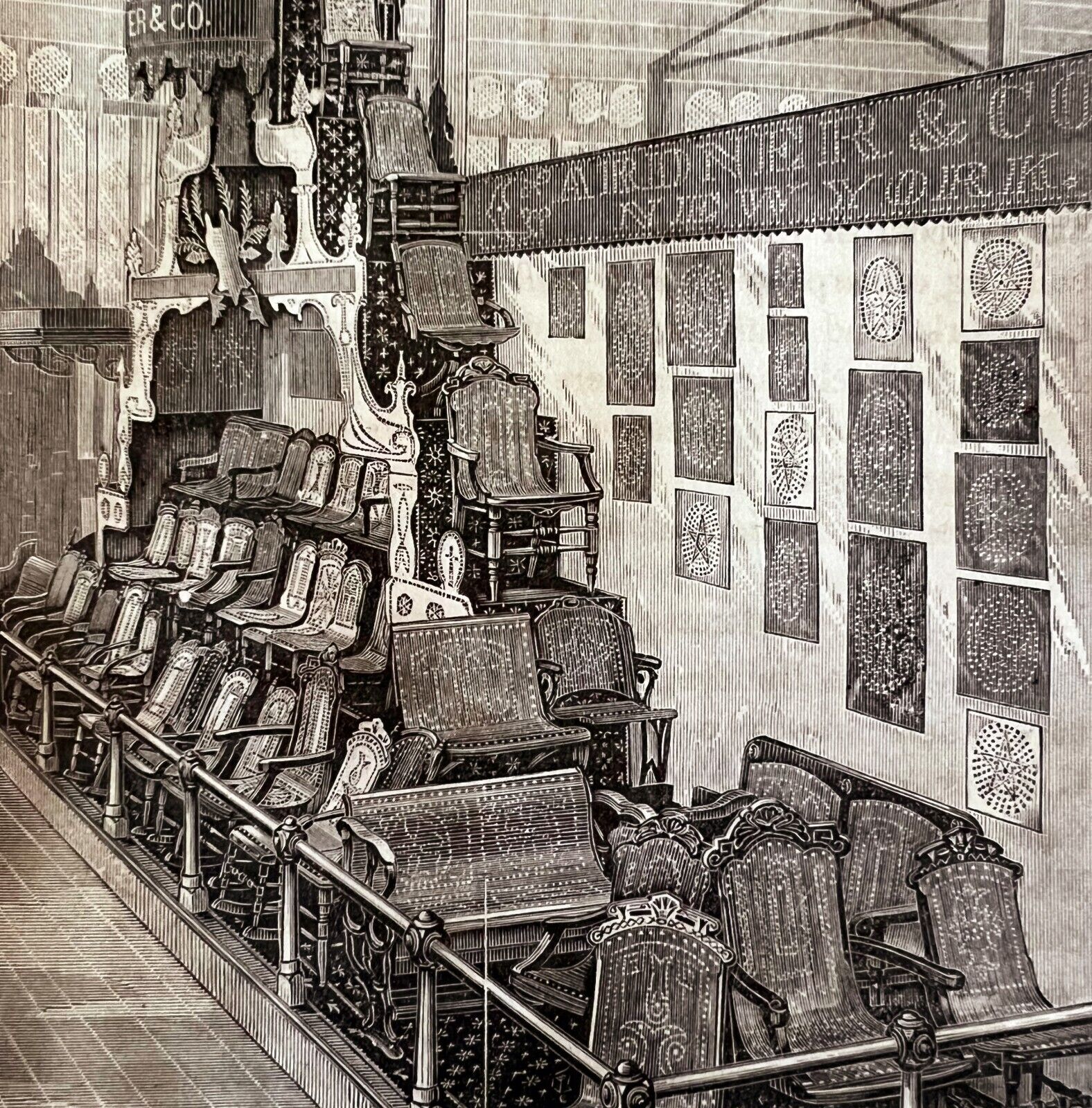 Perforated Veneer Seat 1876 Worlds Fair Centennial Expo Victorian Woodcut DWAA3B