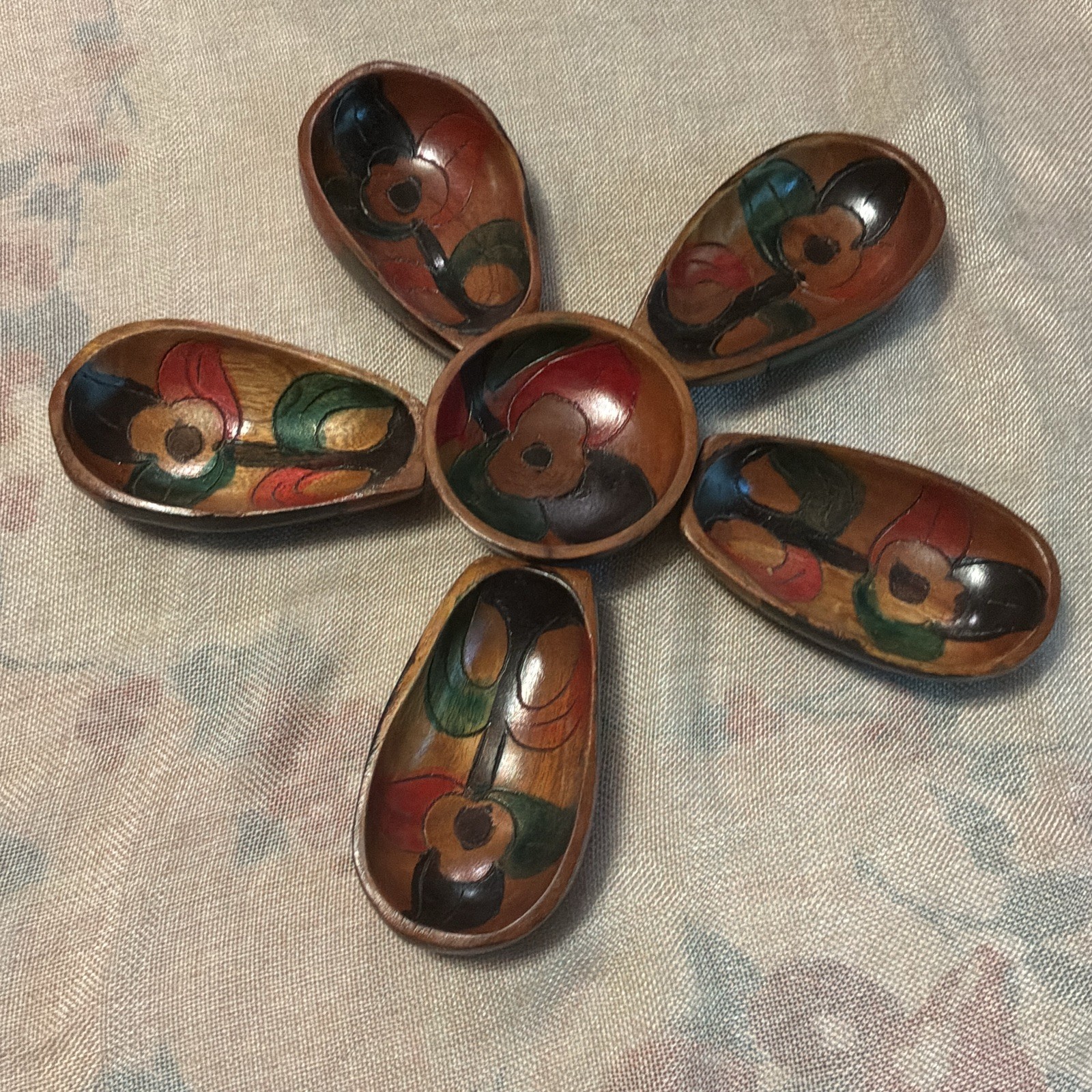 Vintage Hand Carved And Hand-Painted Wooden Floral Serving Set