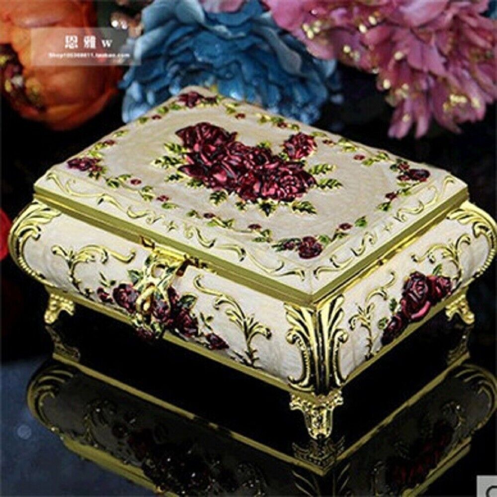 SANKYO WHITE TIN ALLOY RECTANGLE PURPLE  ROSES MUSIC BOX :  ONCE UPON A DECEMBER