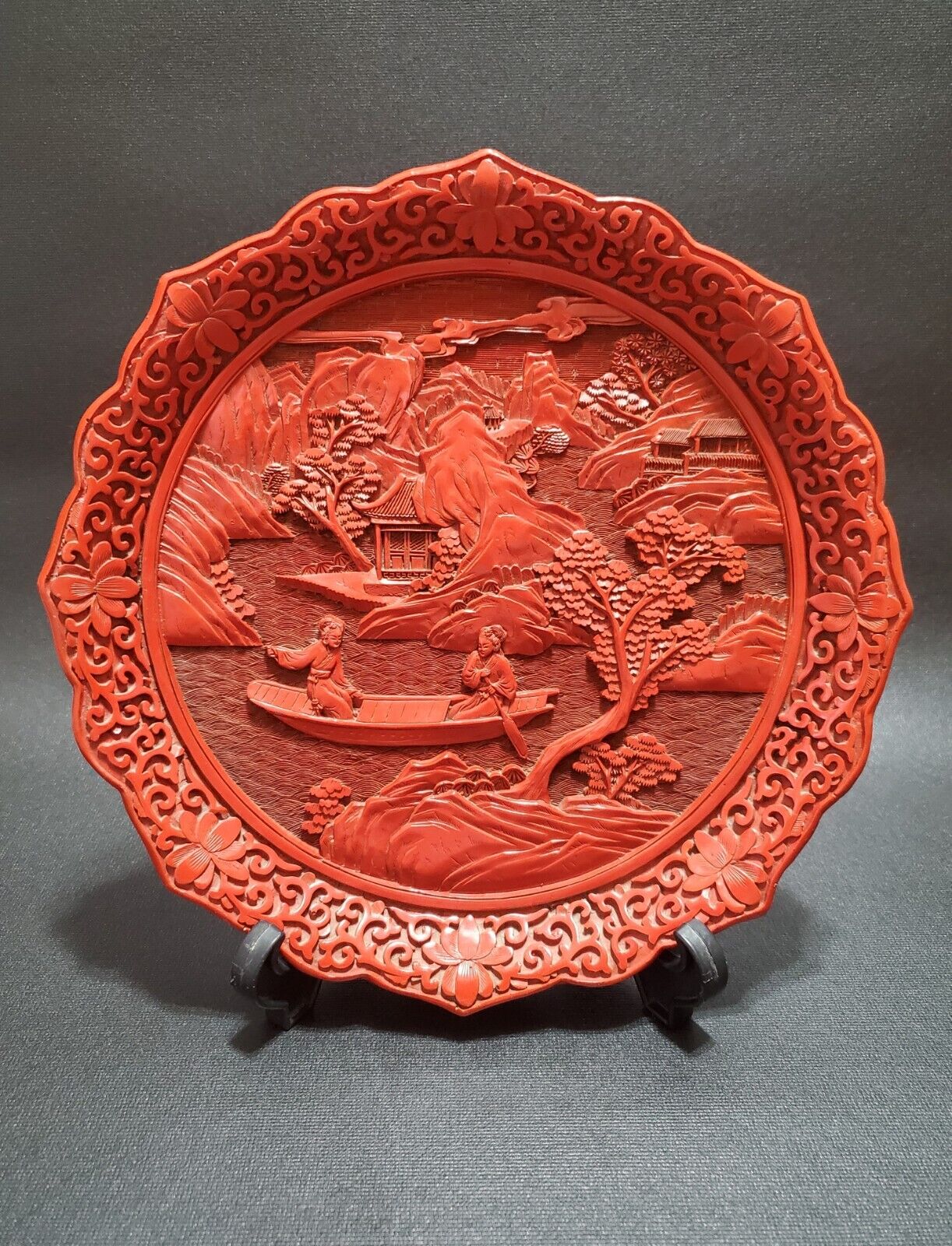Vintage Chinese Decorative, Carved Faux Cinnabar Red Plate With Stand