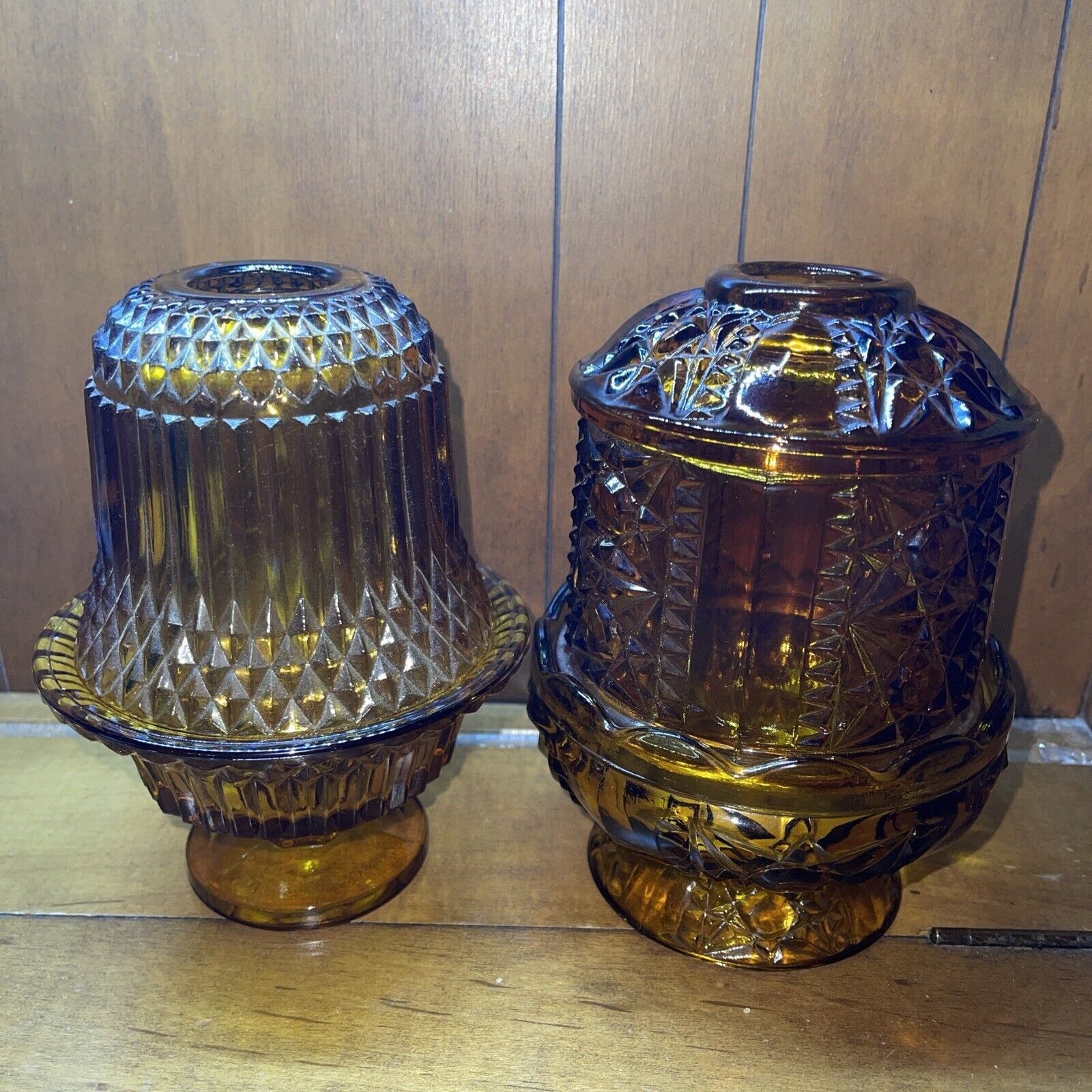 Vintage Indiana Amber Glass Fairy Lamps *Stars and Bars* And Amber Glass Set 2