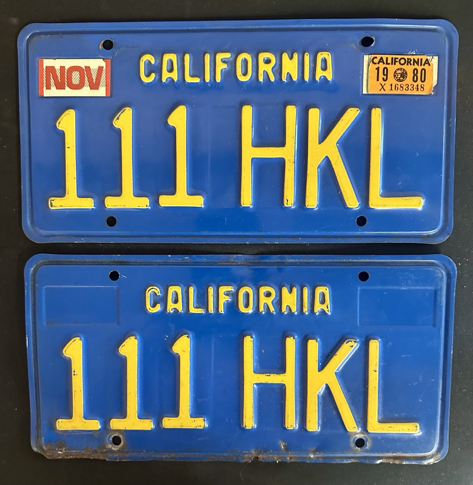 Vintage 1970\'s era California License Plate PAIR CA BLUE w/1980 Tag- 111 HKL