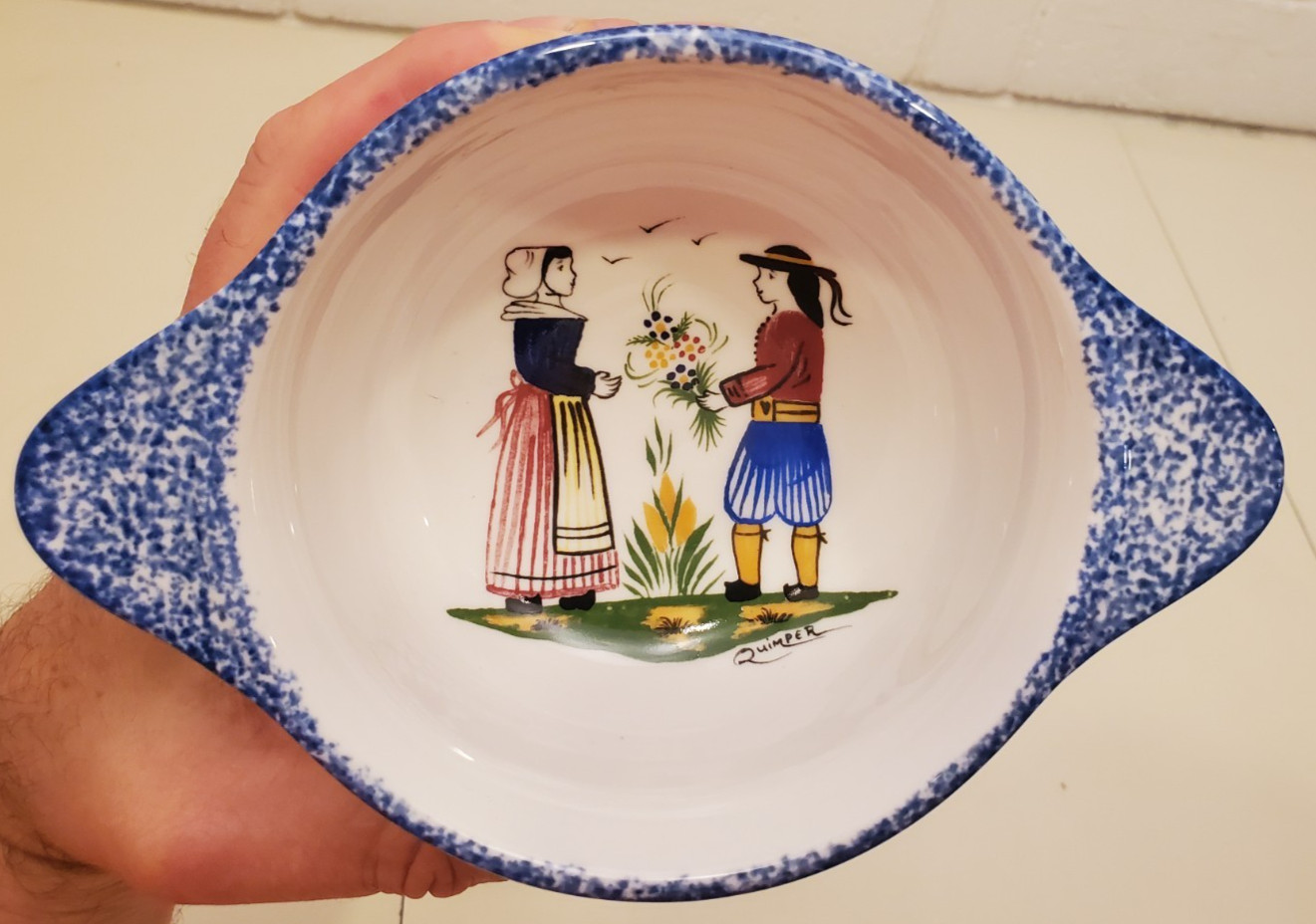 QUIMPER ART POTTERY BRETAGNE LUGGED BOWL JO VINTAGE BRETON FRANCE ARMOR FAIENCE