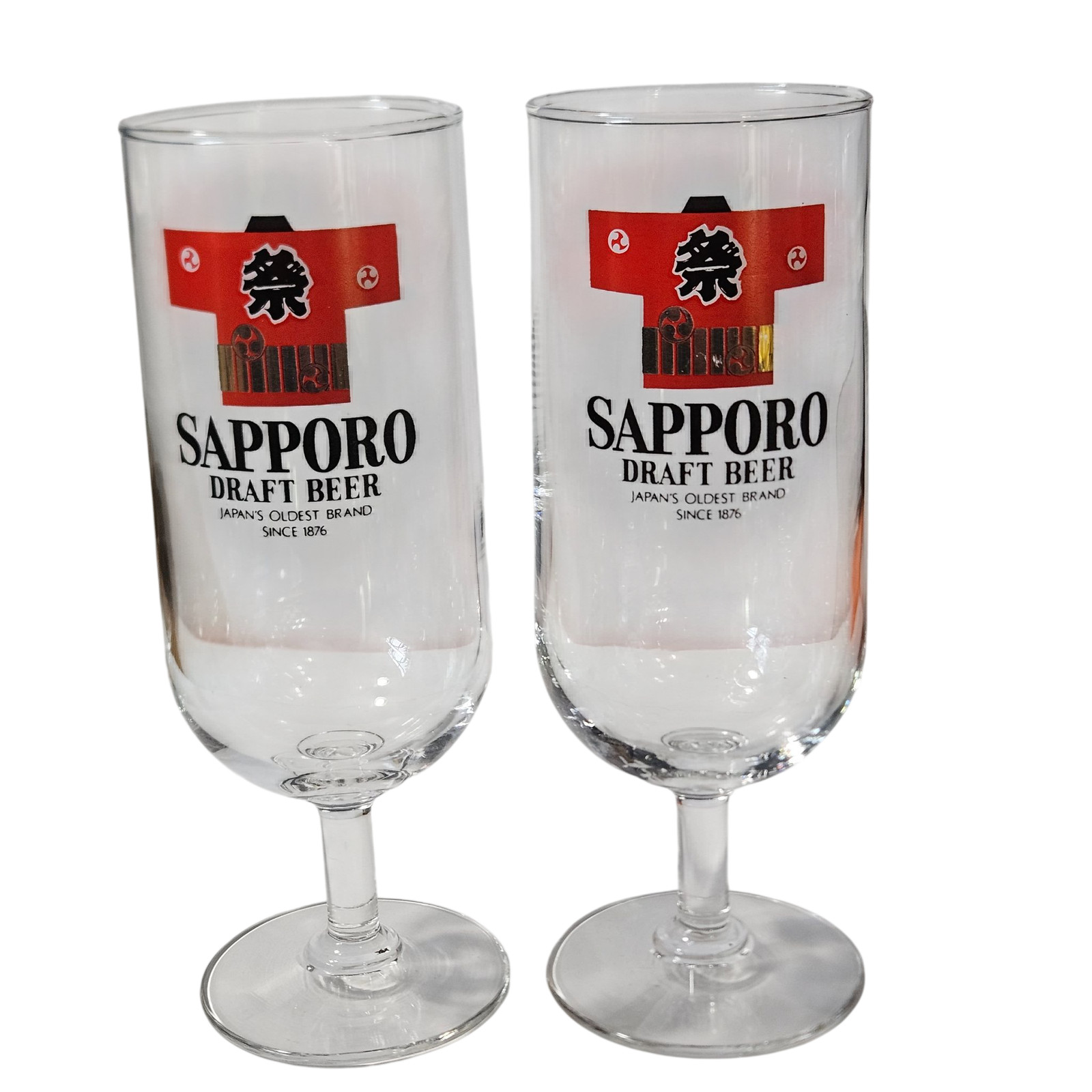 Sapporo Draft Beer Glasses Set of 2 Stemmed 8oz Logo Pub Bar Glasses Promotional