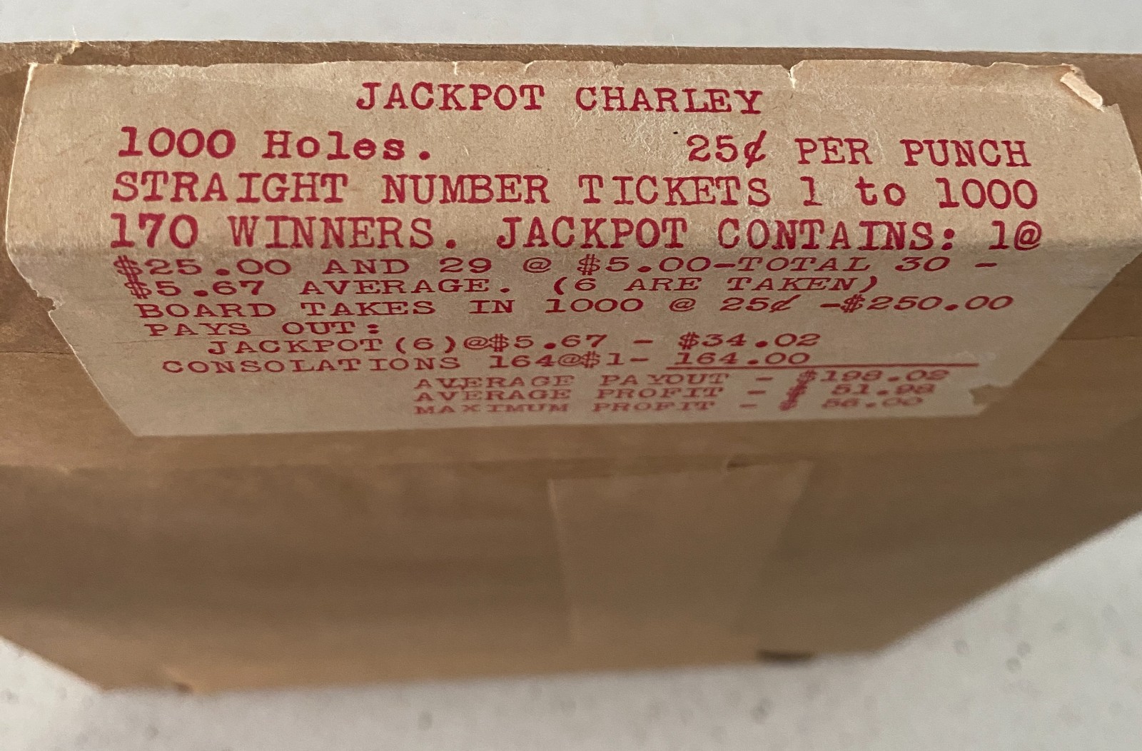 Vintage Jackpot Charley 25 Cent Gambling Punch Board 1000 Holes Trade Stimulator