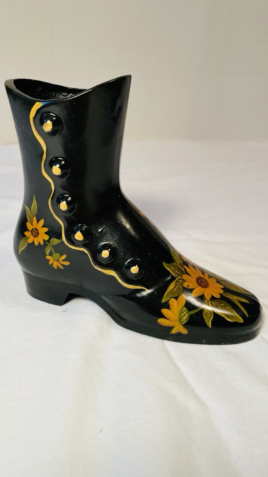 Cast Metal 5” Victorian Button Boot Vase Black w/Flowers Bouquets Butterfly Shoe