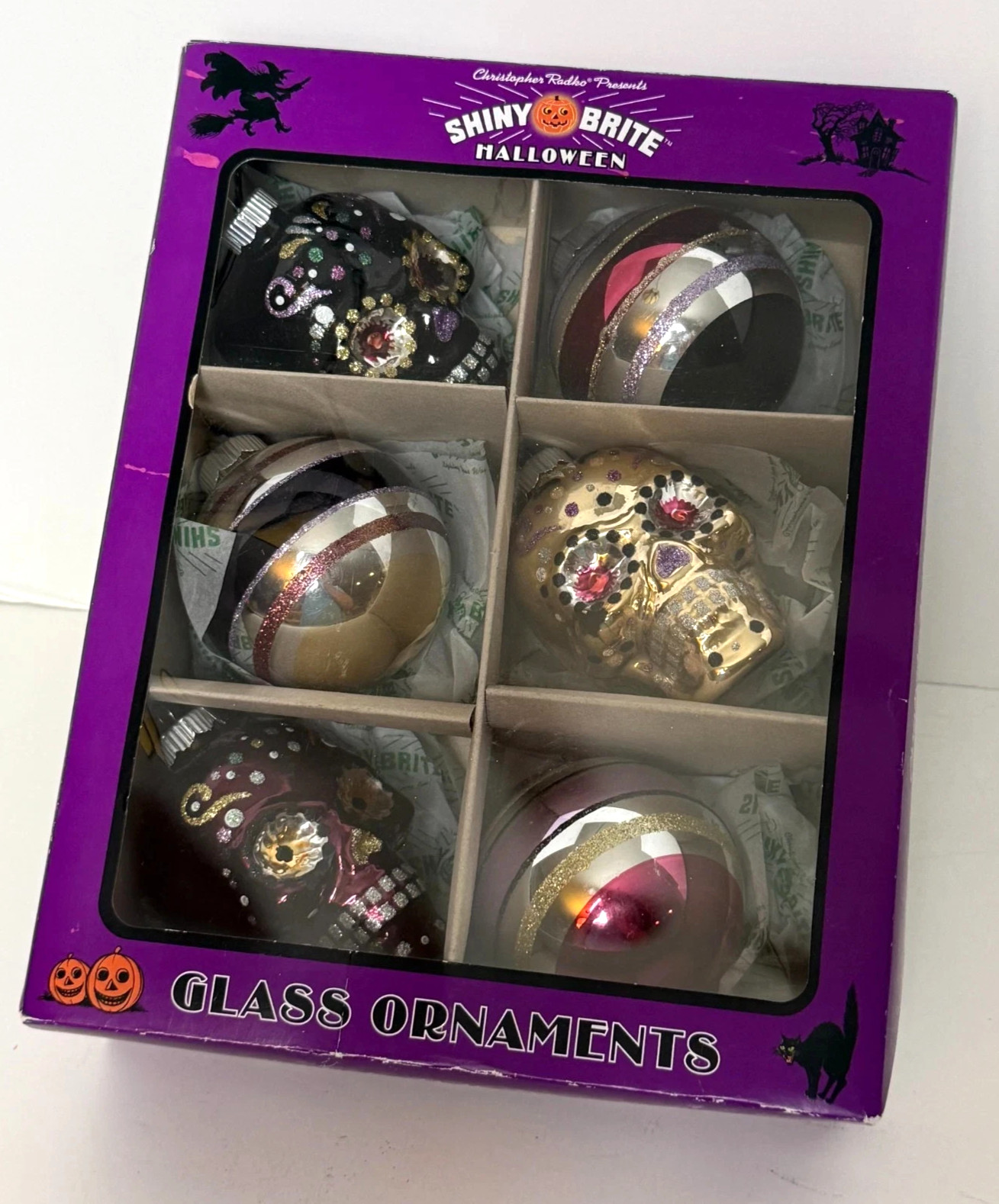 Set/6 C Radko Halloween Shiny Brite Glass Ornaments Sugar Skulls & Stripe Rounds