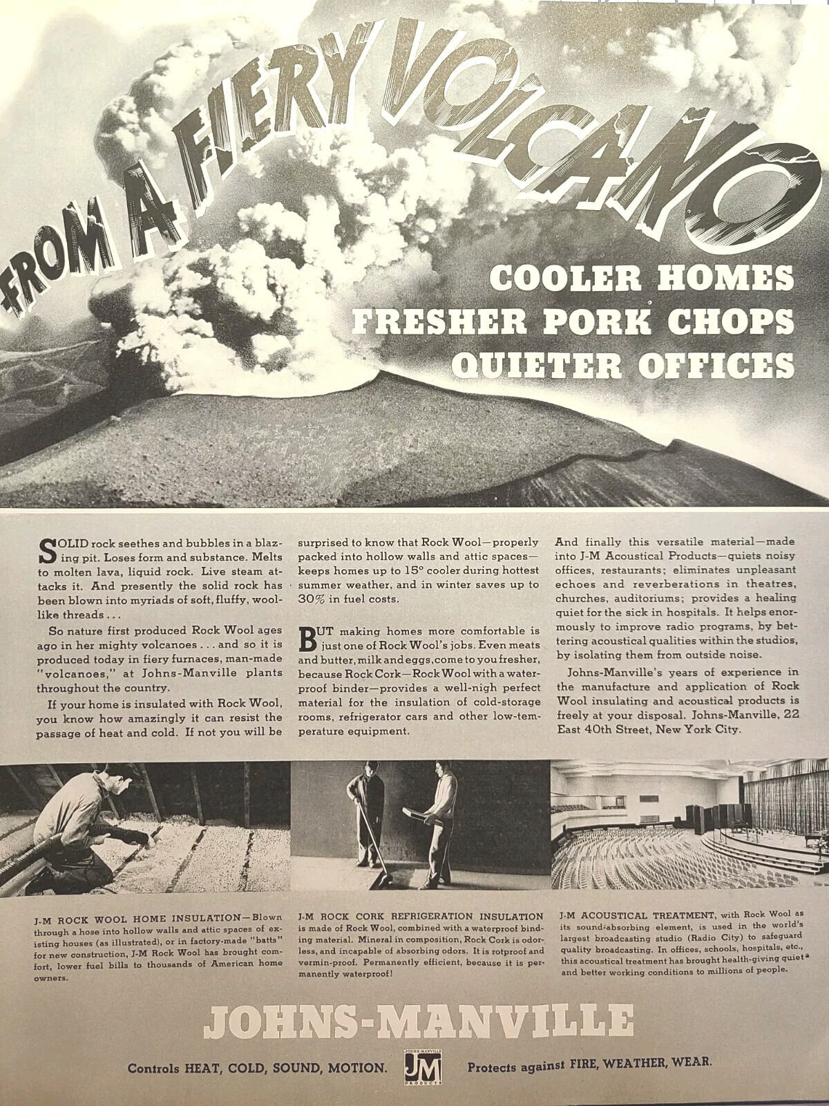 Johns-Manville Rock Wool Fiery Volcano Insulation Acoustic Vintage Print Ad 1936