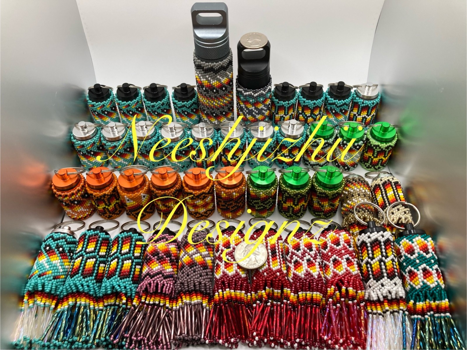 Huge LOT Beaded Pill Bottle Lighter Medicine Container Native Indian Keychain