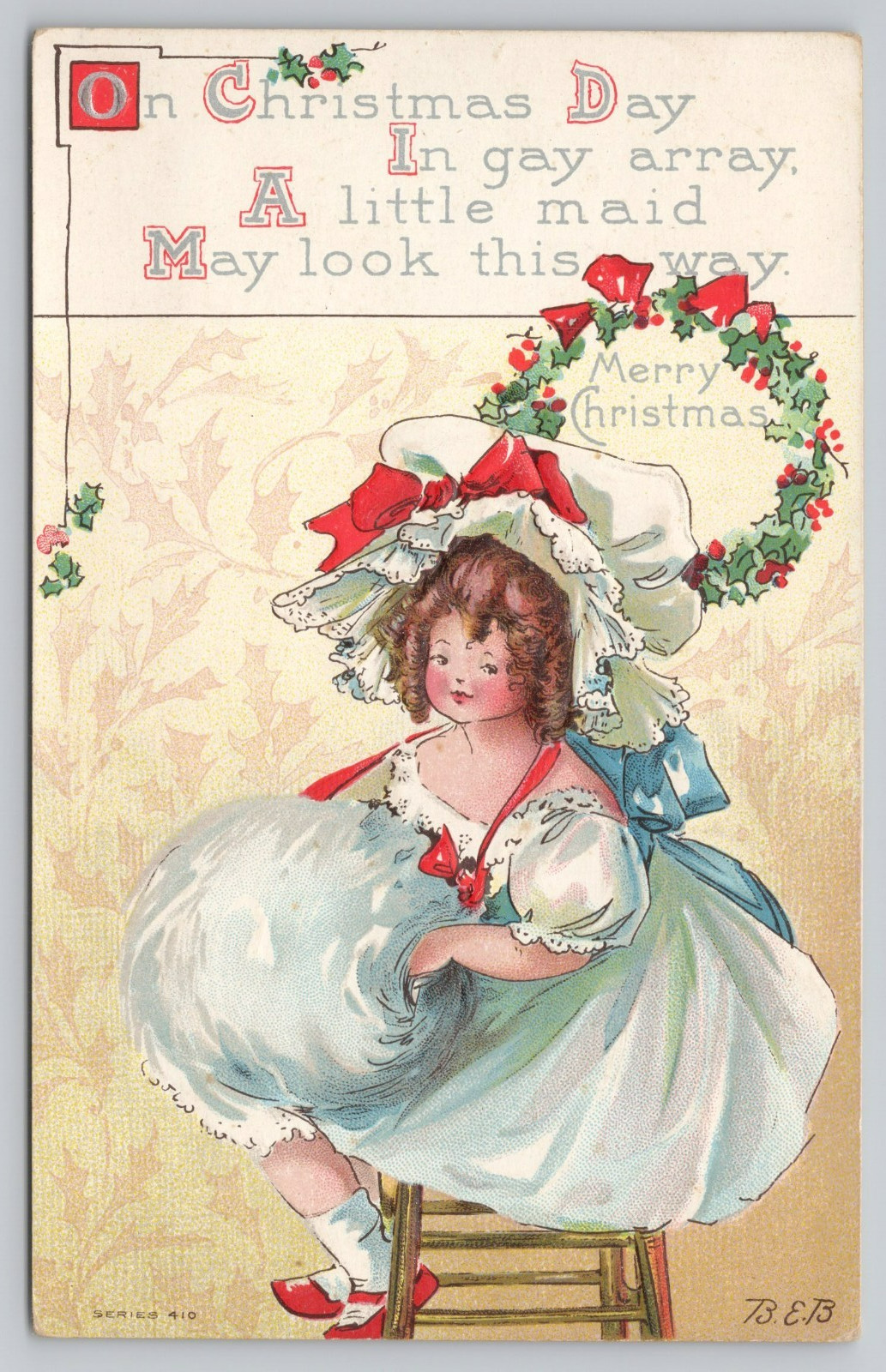 Postcard Christmas Day Poem Little Girl Dressed Up Hat Red Bow Wreath
