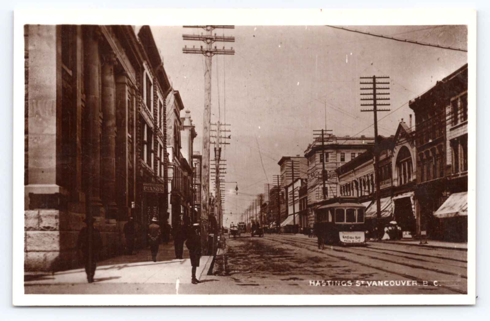 c1910 Hastings St Vancouver BC RPPC Streetcar Trolley Horse Wagon Downtown