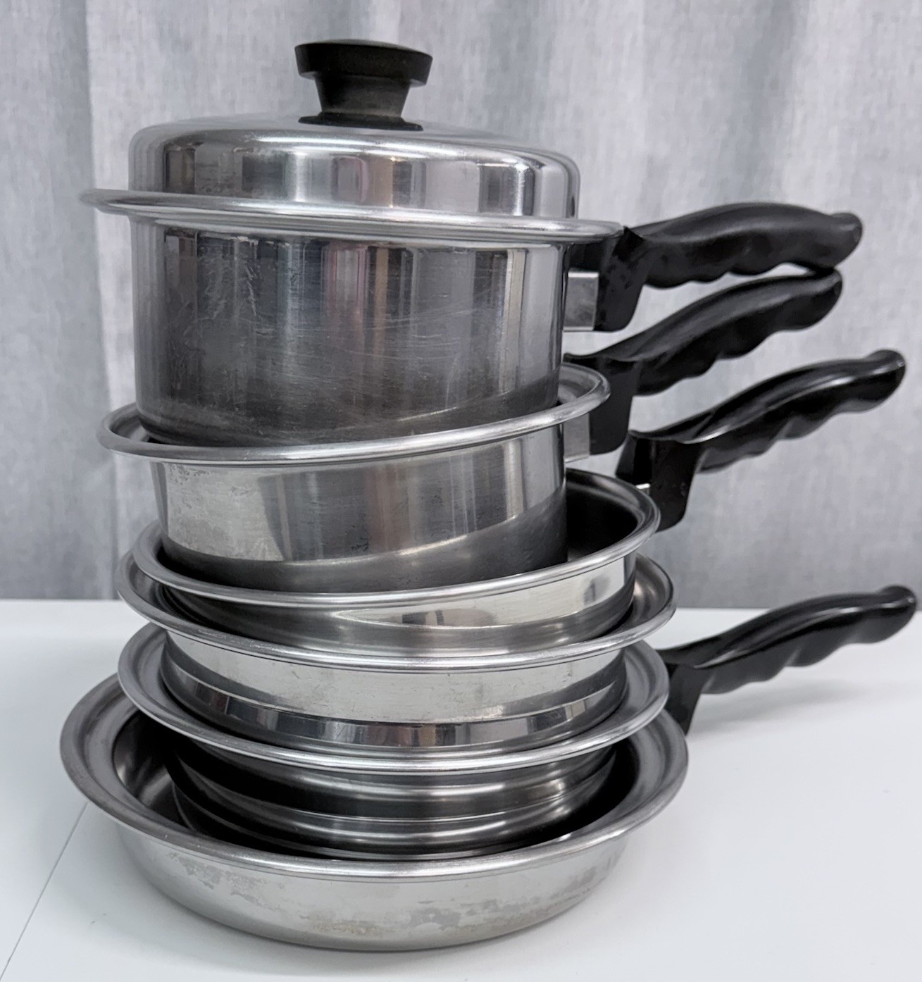Flavor-Seal Stainless Cookware 7 Pc Set Pots Skillets Double Boiler Vintage 50’s