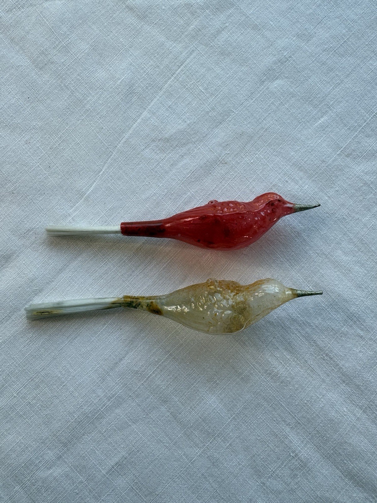 Two Antique German Blown Glass Bird Ornaments W Spun Glass Tails 1900s