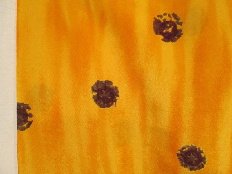 Vtg Fabric 100% Silk Slinky Orange Yellow Tie Dye Design Brown Black Dots 45x131