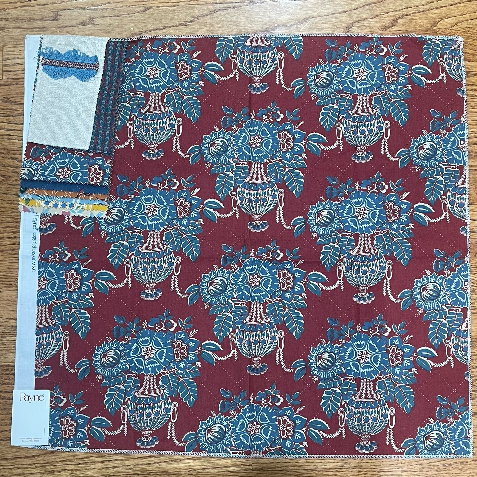 VTG 1990 Payne Jambalaya Fabric Sample 27.5x26 Maroon Blue French Floral Urn
