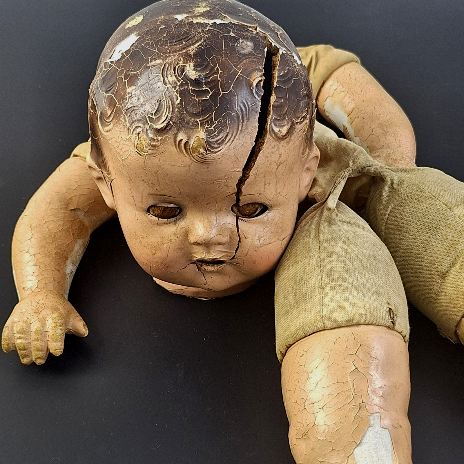 Vintage Doll Cracked Creepy Cloth Body Halloween Prop Moving Eyes