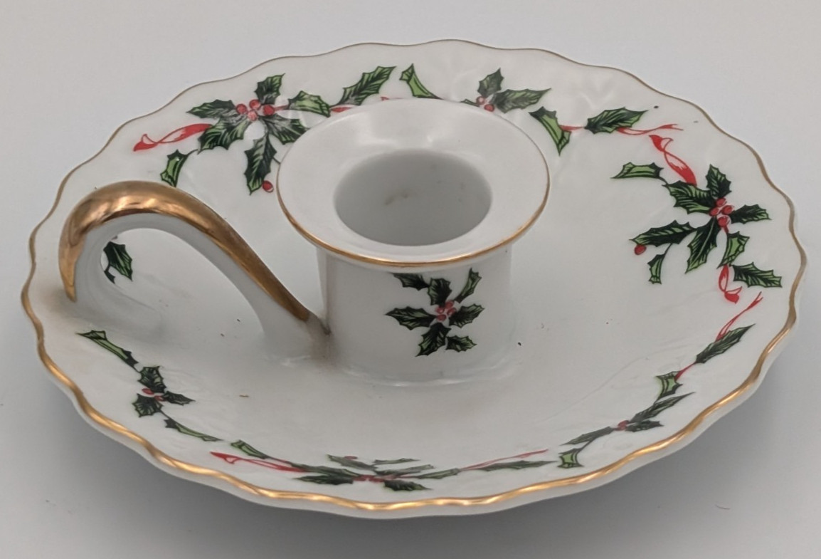 Vtg 1985 Lefton Candle Holder Porcelain Hand-Painted Holly & Ivy Chamber stick