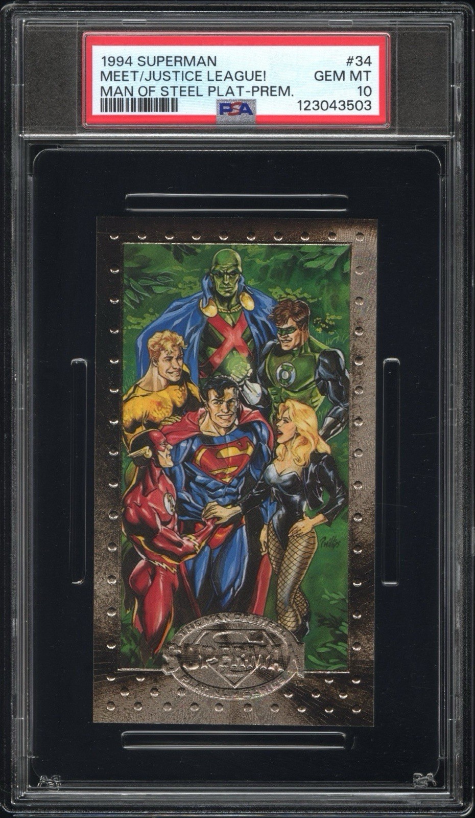 1994 Superman Man Of Steel Platinum Premium Meet Justice League #34 PSA 10 Pop 1 1994 Superman Man Of Steel Platinum Premium Meet Justice League #34 PSA 10 Pop 1