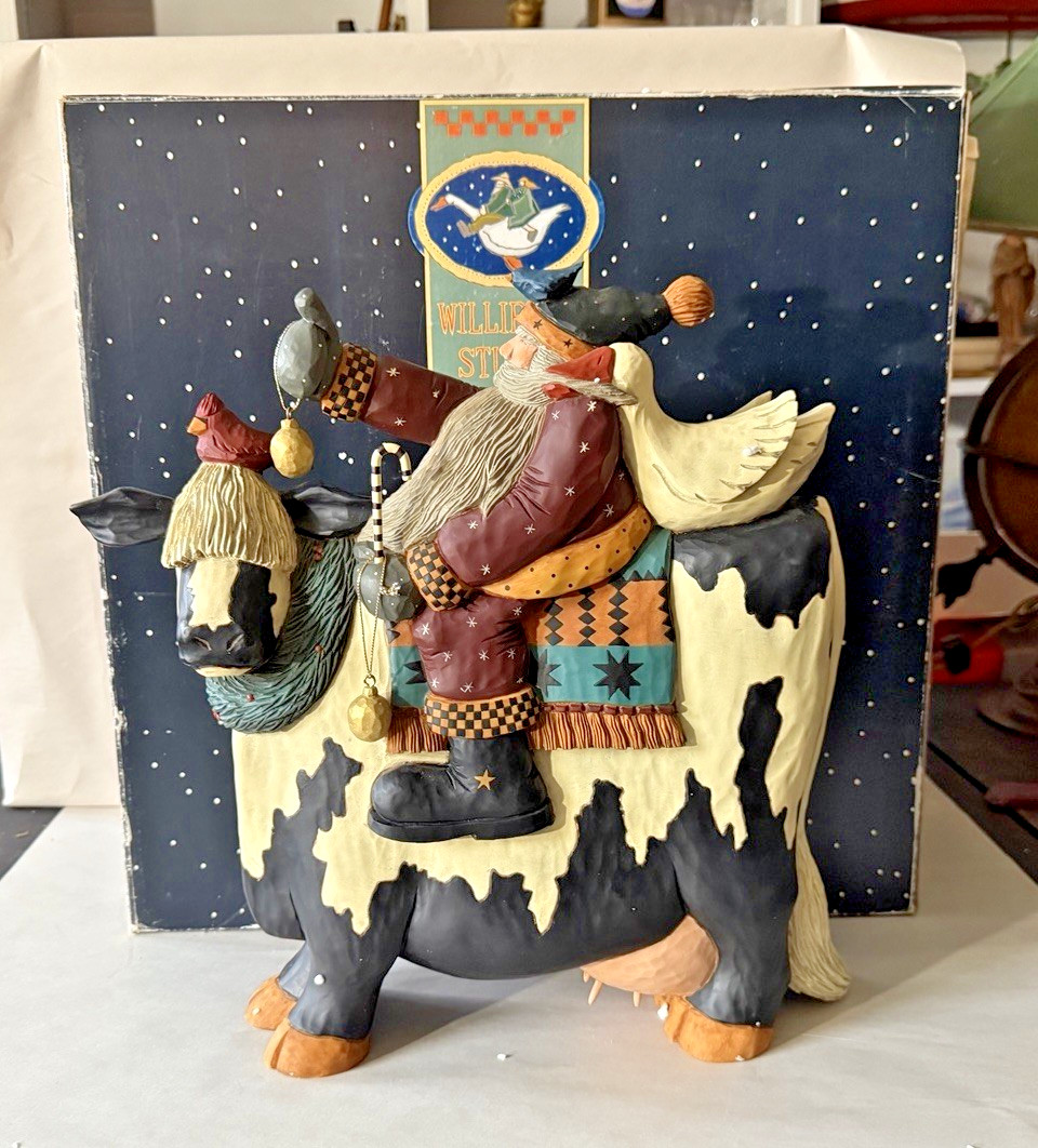 1999 Williraye Studios Santa and Goose Riding Cow Resin Figurine WW2286