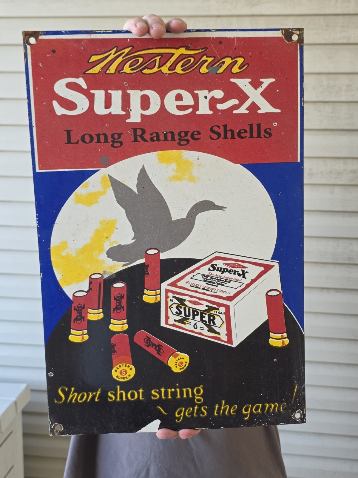 LARGE VINTAGE WESTERN SUPER X AMMUNITION PORCELAIN SIGN GUN AMMO 18\