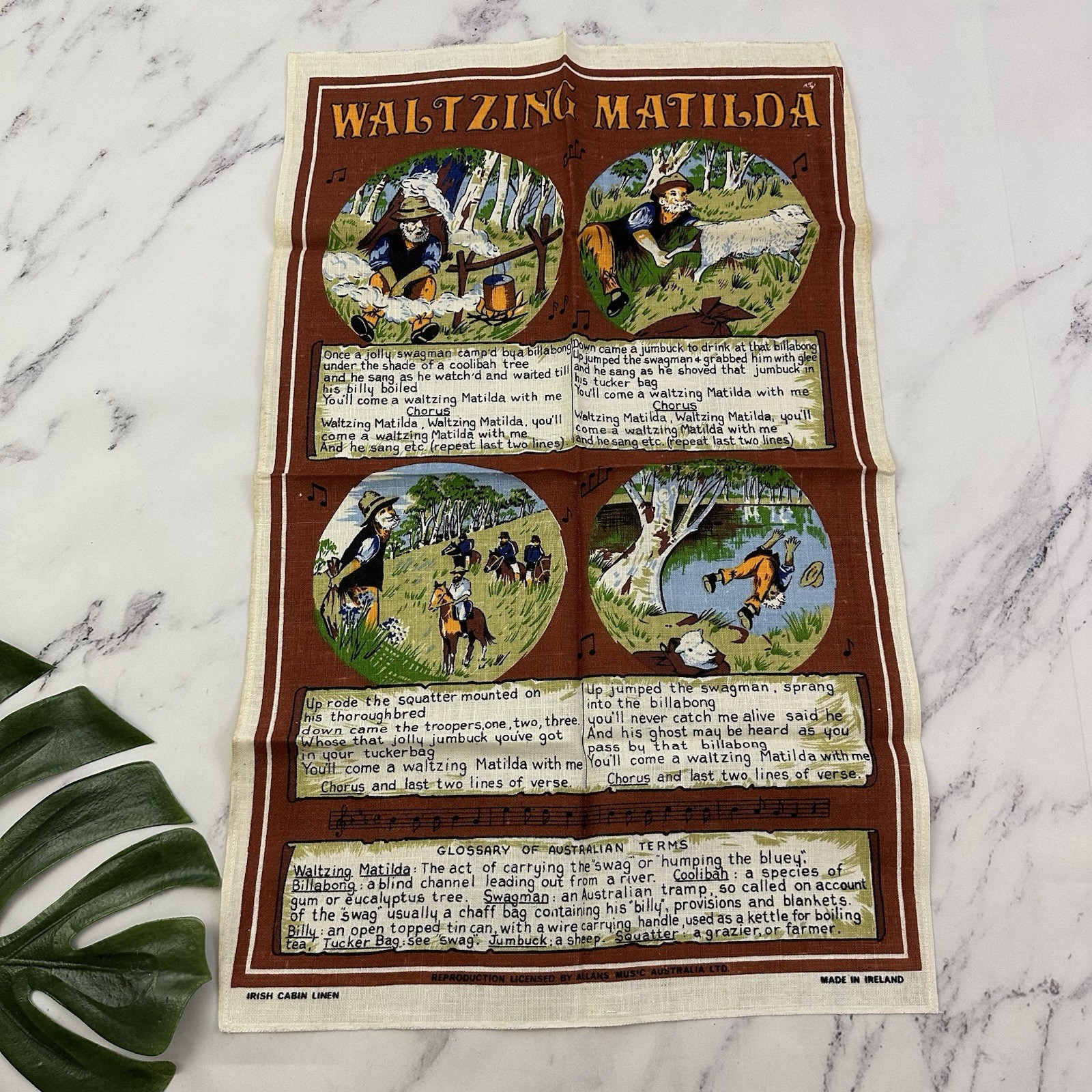Vintage 70s Waltzing Matilda Australia Souvenir Linen Tea Towel New Brown Song