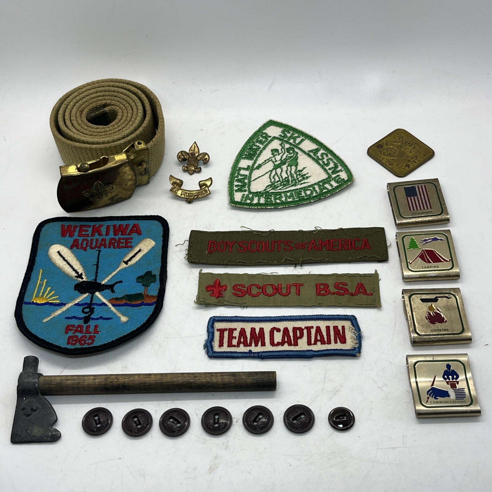 VTG Boy Scouts BSA Cub Belt Brass Ax Patches Pins Buttons Fleur De Lis 1950-1970