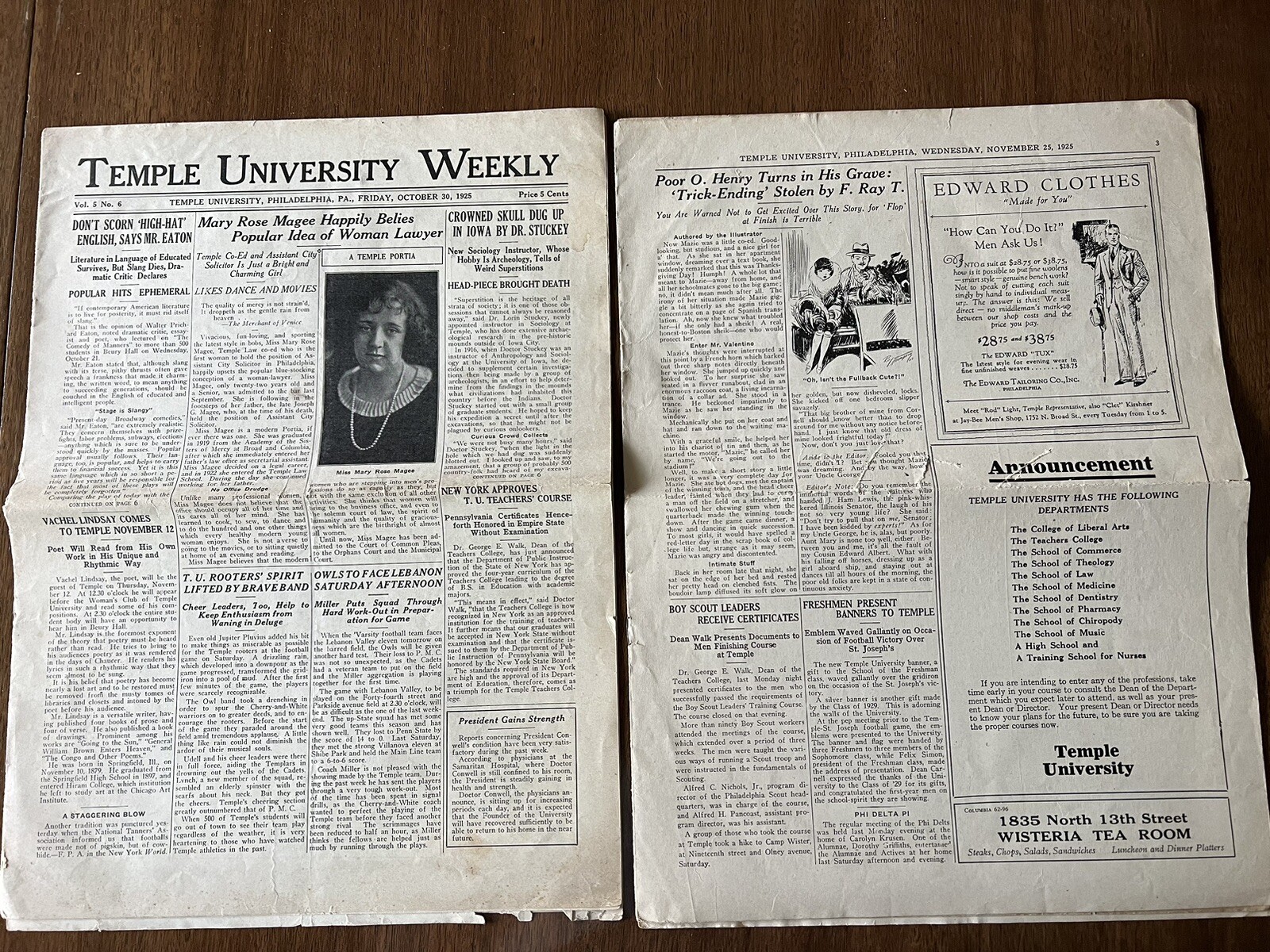 Two Temple University Weekly news Philadelphia, Pa. October 30 and Nov 25, 1925