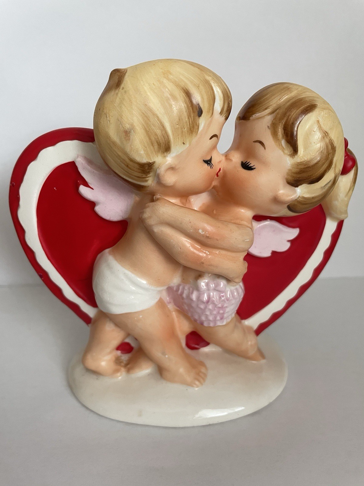 Vintage Lefton Japan Ceramic Valentine Boy & Girl Kissing Cherubs Planter #2773
