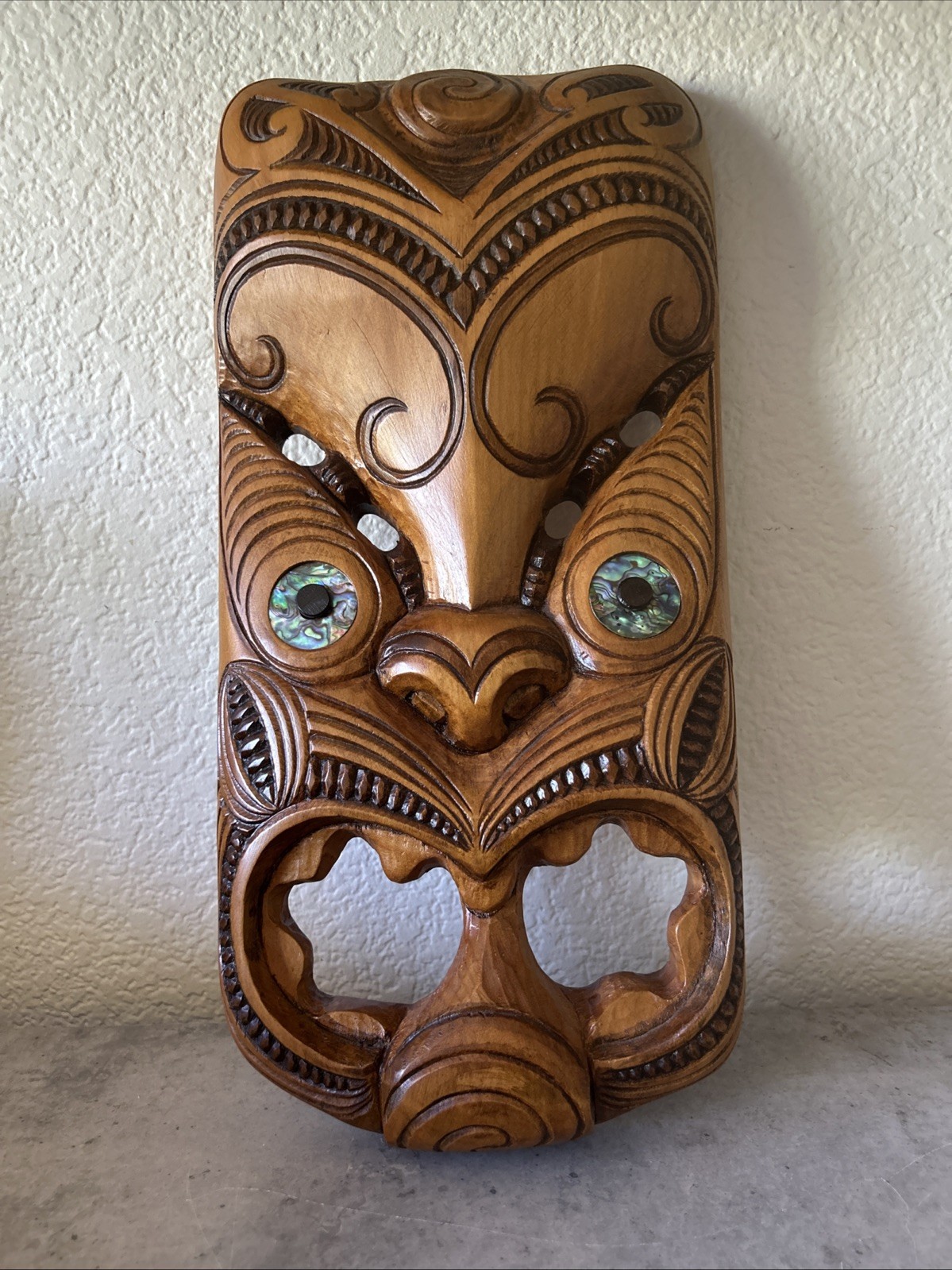 Authentic Hand Carved Kauri Wood Maori Tiki Mask-MOP Eyes-Hang-New Zealand-Tag
