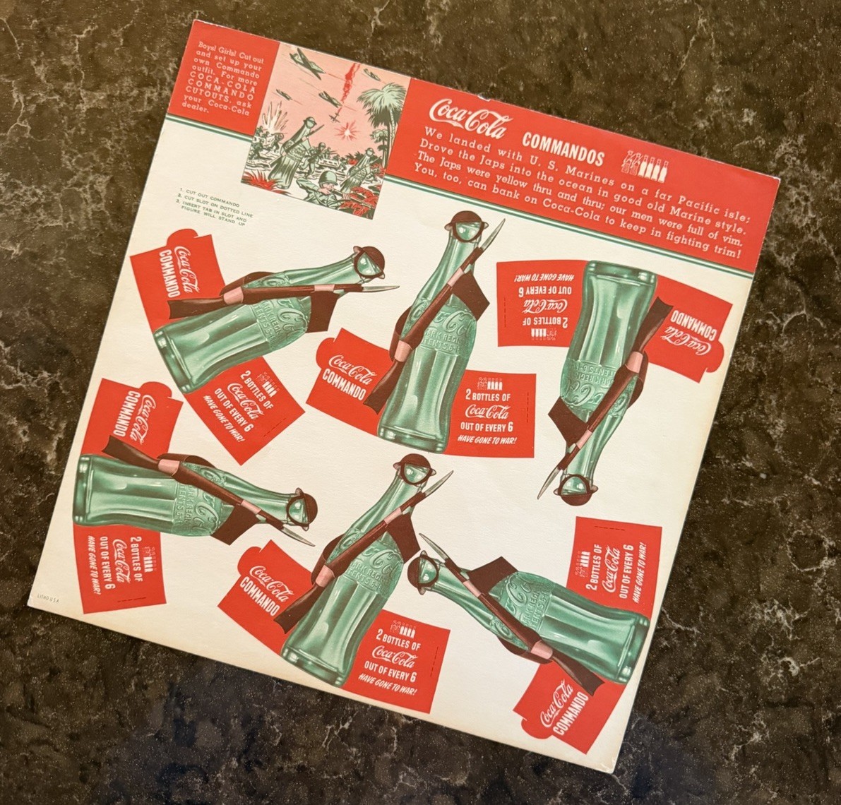 Vintage 1940's COCA-COLA Commandos WW2 Paper Activity Sheet Sign UNCUT COMPLETE