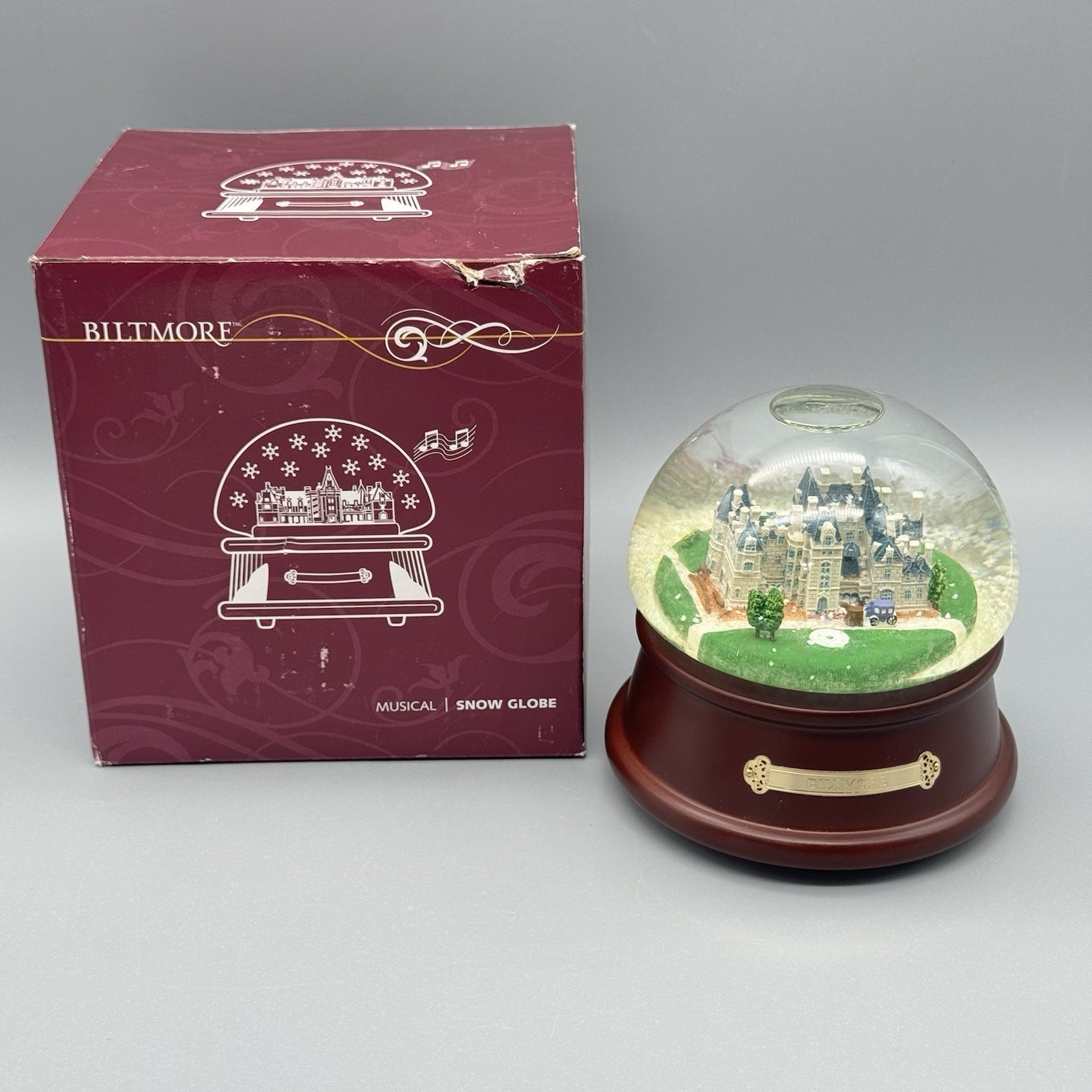 VTG Biltmore Estate Snow Globe Wood Base Musical Rotating Brass Embossed 2006