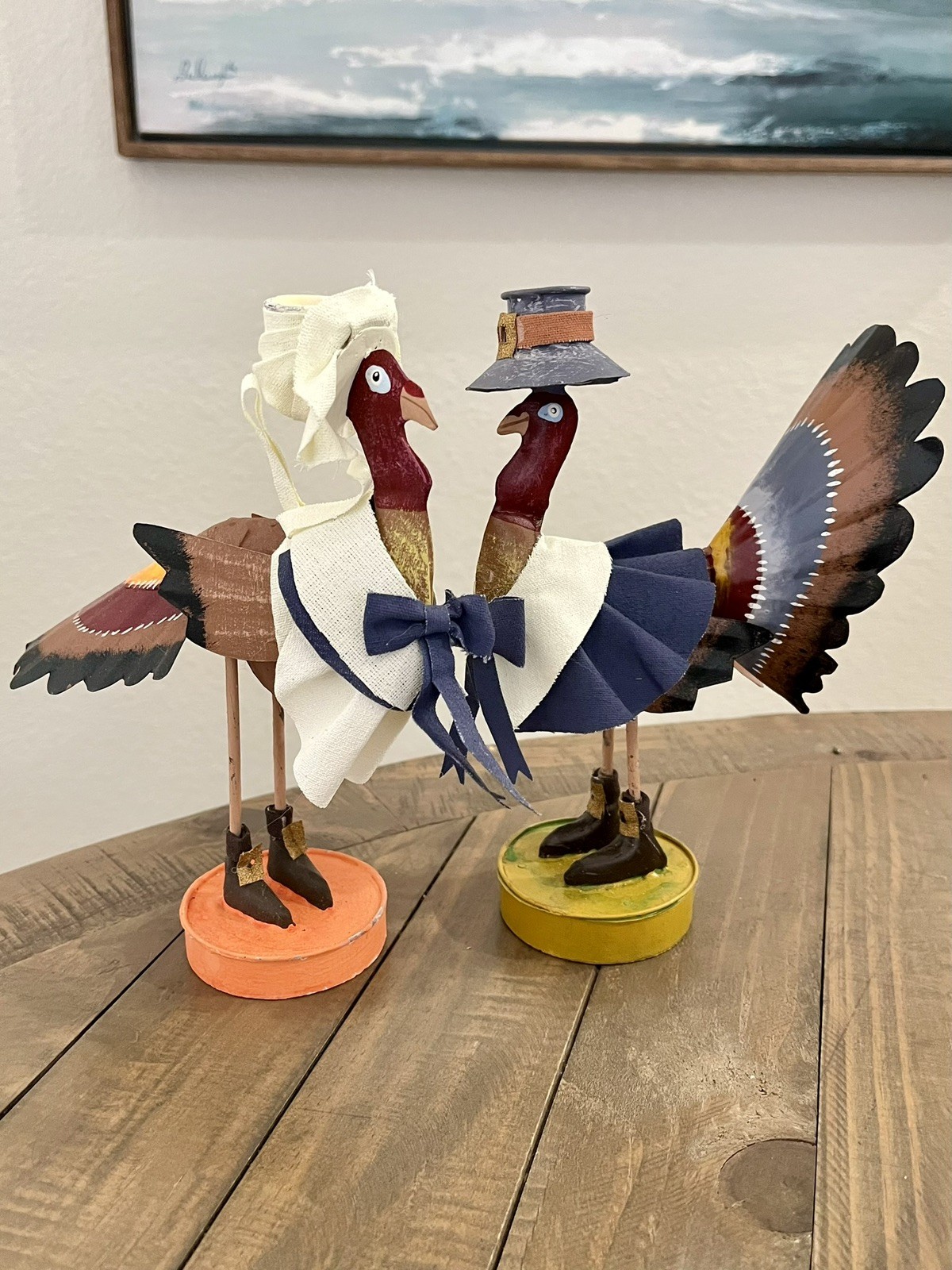 2 Vintage Silvestri Thanksgiving Turkey Pilgrims Metal & Wood Construction 8.5”
