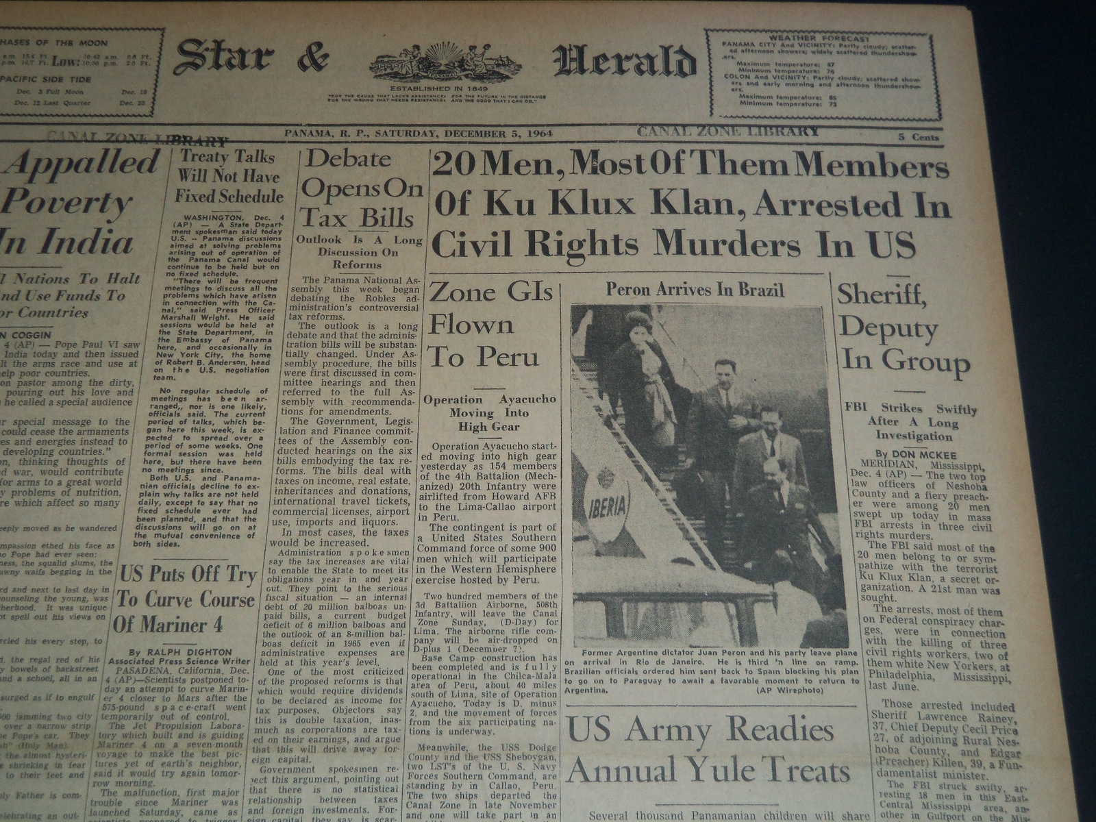 1964 DEC 5 PANAMA STAR & HERALD NEWSPAPER - 20 KLAN MEMBERS ARRESTED - NT 7590 1964 DEC 5 PANAMA STAR & HERALD NEWSPAPER - 20 KLAN MEMBERS ARRESTED - NT 7590
