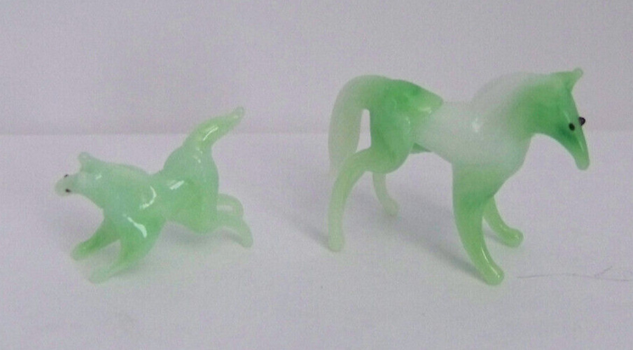 Lot of 2 Miniature Handblown Green/White Glass Horses