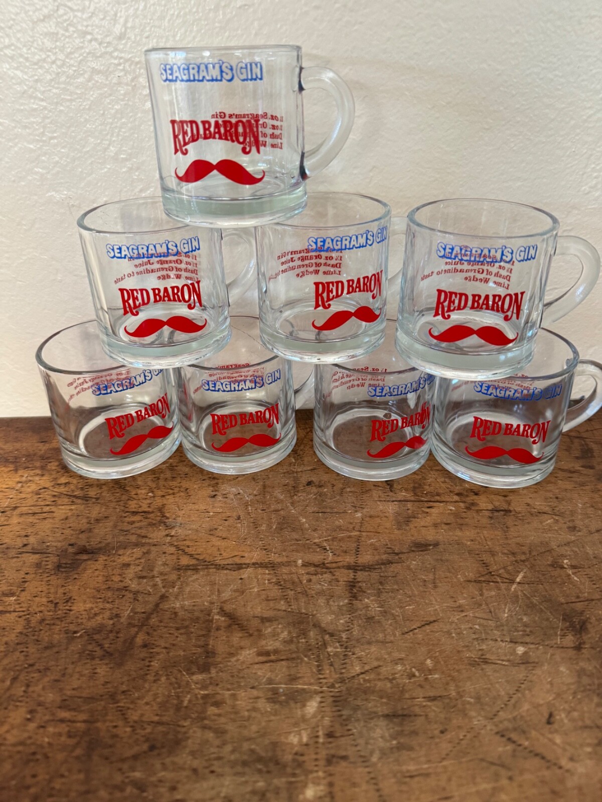 Rare Set Of 8 Seagram’s Gin Red Barron Glasses With Recipe, Mustache, EUC