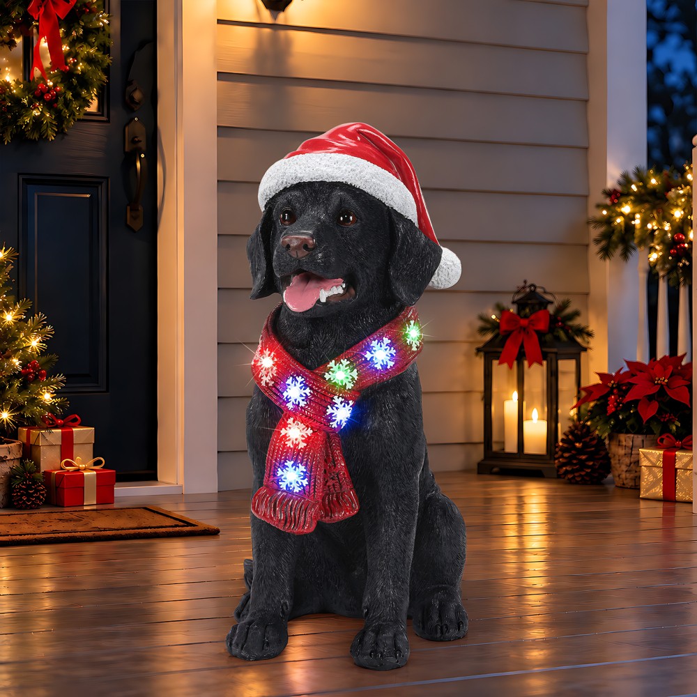 Lighted Christmas Golden Retriever Dog Statue Santa Hat LED Scarf Beige Black