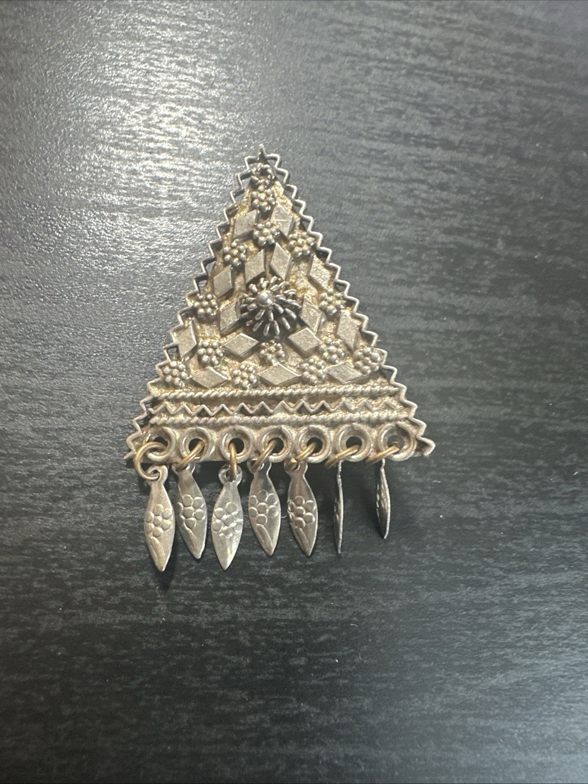 Vintage Bezalel Yemenite Filigree Sterling Silver Triangle Brooch Pendant