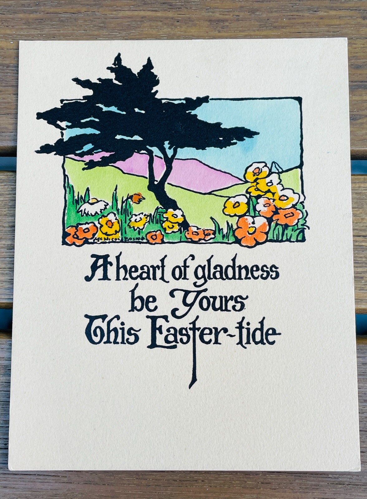 VTG 1920'S ART DECO NOVEAU EASTER GREETINGS CARD TREES FLOWERS *WRITTEN ON