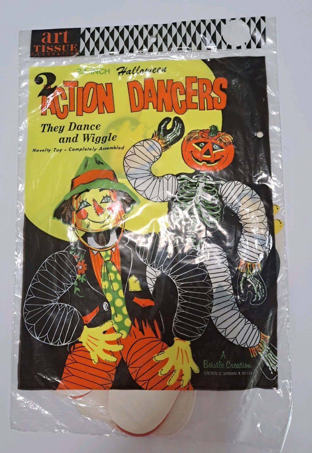 VTG Beistle Skeleton Pumpkin Scarecrow Halloween  24” Tissue Dancers NOS Sealed